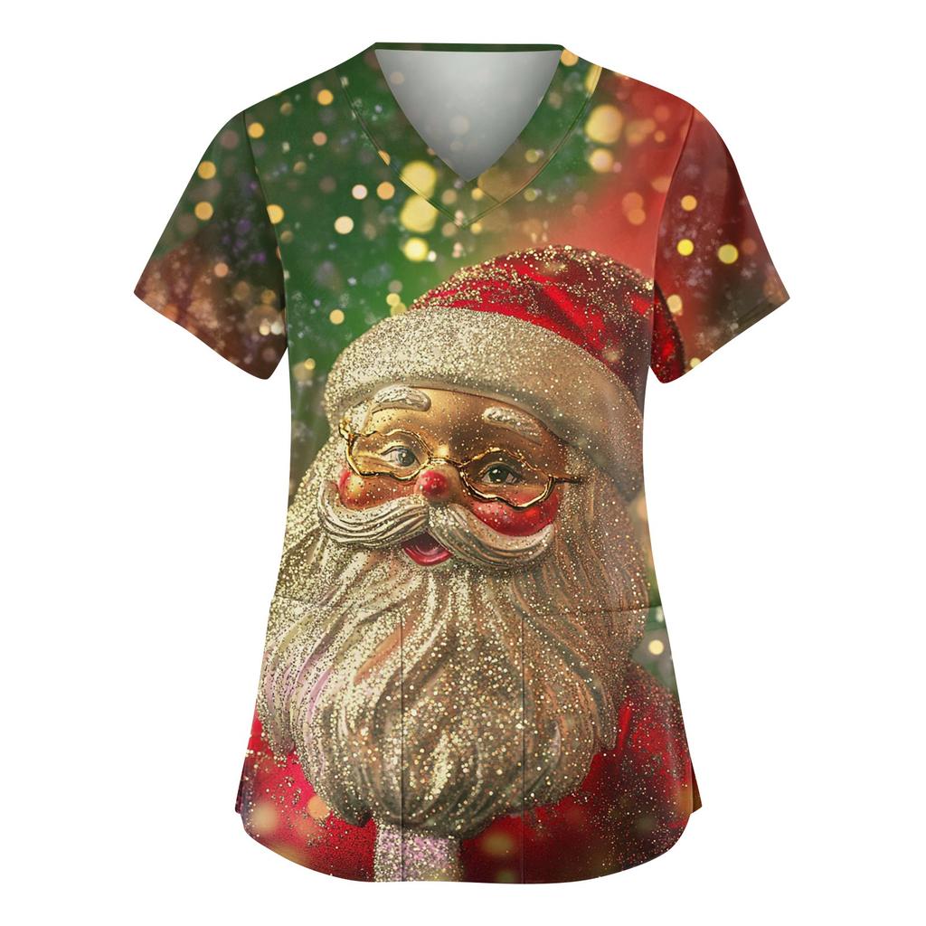 Damen Modische V-Ausschnitt Arbeitskleidung Weihnachten Bedruckt Kurzärmlig Tasche Seitenschlitz Arbeitskleidung Basic Pullover Top