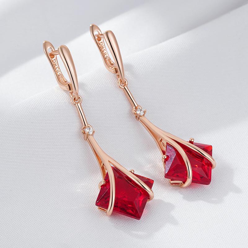 Square Red Natural Zircon Long Drop Earrings For Women  Rose Gold Color High Quality Daily Fine Vintage Jewelry