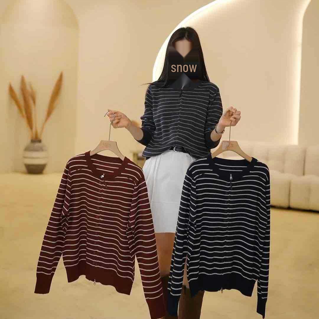 

Round Neck Striped Mulberry Silk Wool Zipper Cardigan (K0309-156LuJia) One Size темно-серого