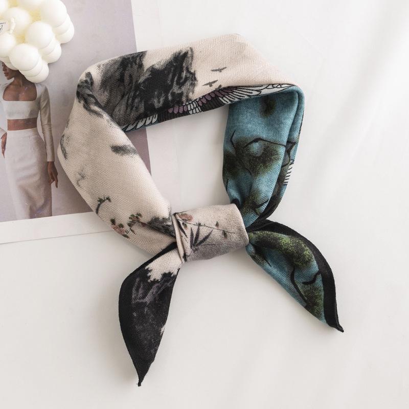 Retro Thousand Bird Grid Printing Imitation Silk Scarf Neck Small Square Scarf Style Imitation Silk High-end Sense Headband