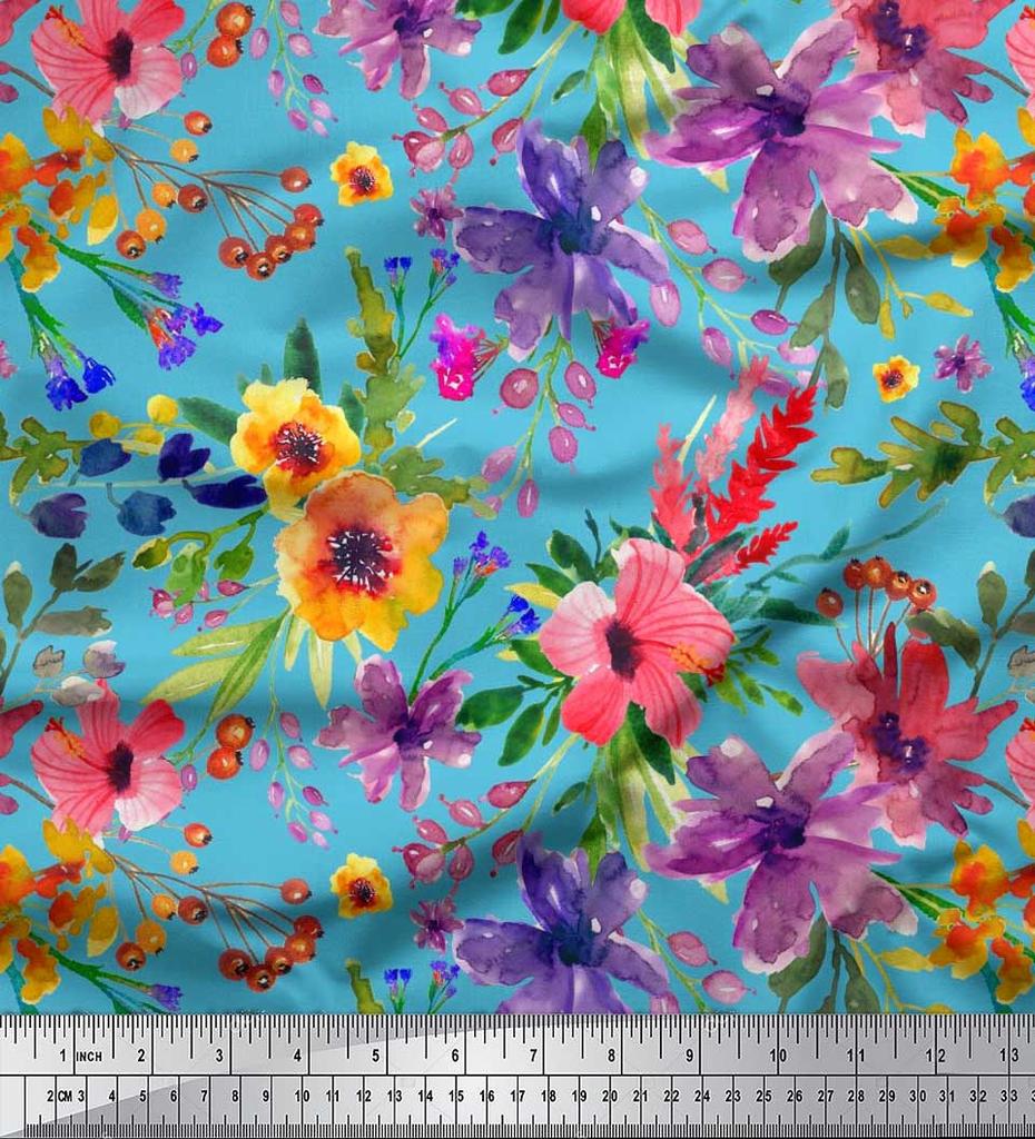 Soimoi Japan Crepe Satin Fabric Flower & Leaves Watercolor Decor Fabric Printed metre 42 Inch