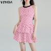 VONDA Women Summer Sleeveless Polka Dots Slim Waist Ruffled Pleated Dress