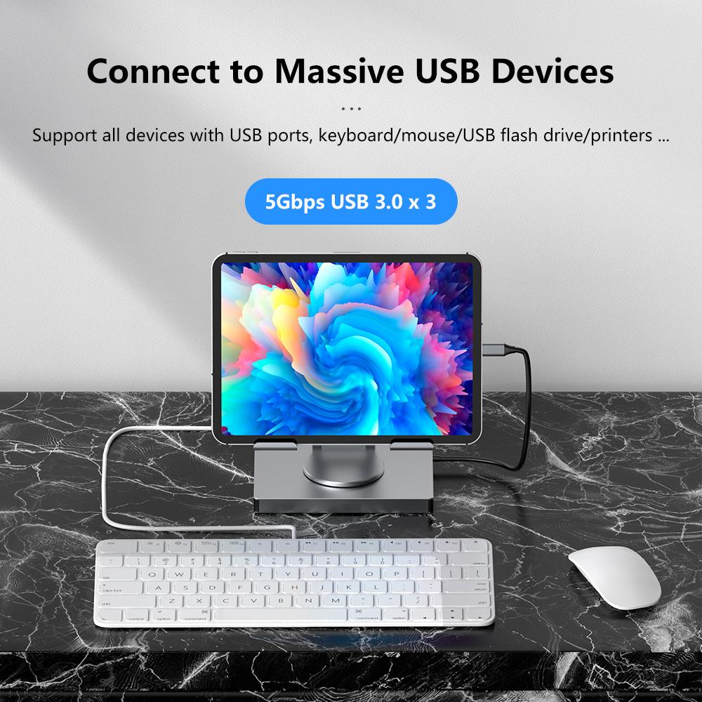iPad Pro USB C Hub Stand, Foldable Design 360° Rotatable Multiport Docking Station, 9 In 1 Adapter with LAN 4K HD SD/TF USB 3.0