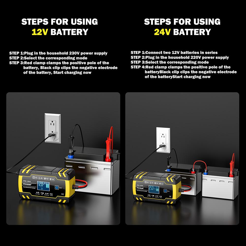 12V/8A 24V/4A Full Automatic Car Battery Charger Pulse Repair FOXSUR Car Motor Truck AGM Lead-acid LCD Display Automatic Battery Charging FBC122408D
