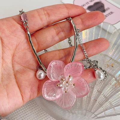 Pink Sweet Wind Flower Fringed Necklace Women's Summer Light Luxury Fashion Collarbone Chain Temperament Neck Chain