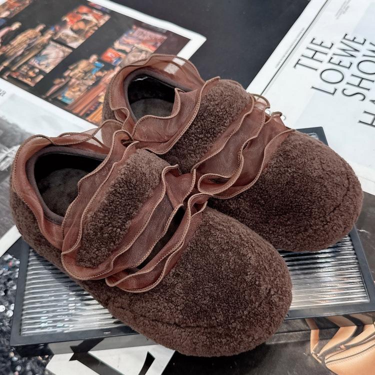 

European Mao Mao shoes women s 2025 autumn and winter new flat beanie shoes ballet Mary Jane shoes velvet cotton ladyshoes 40 коричневый