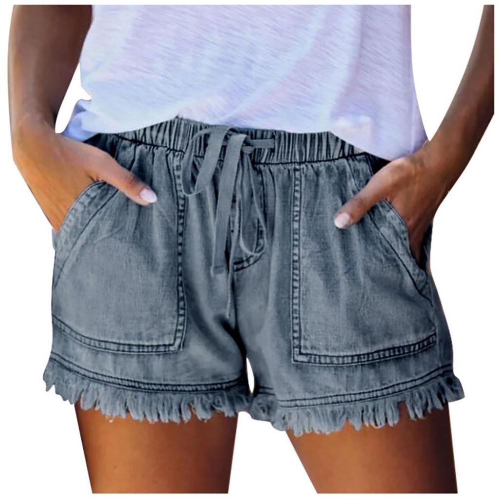 Leee Womens Pocket Jeans Denim Pants Female Tassel Bandage Bottom Casual Shorts