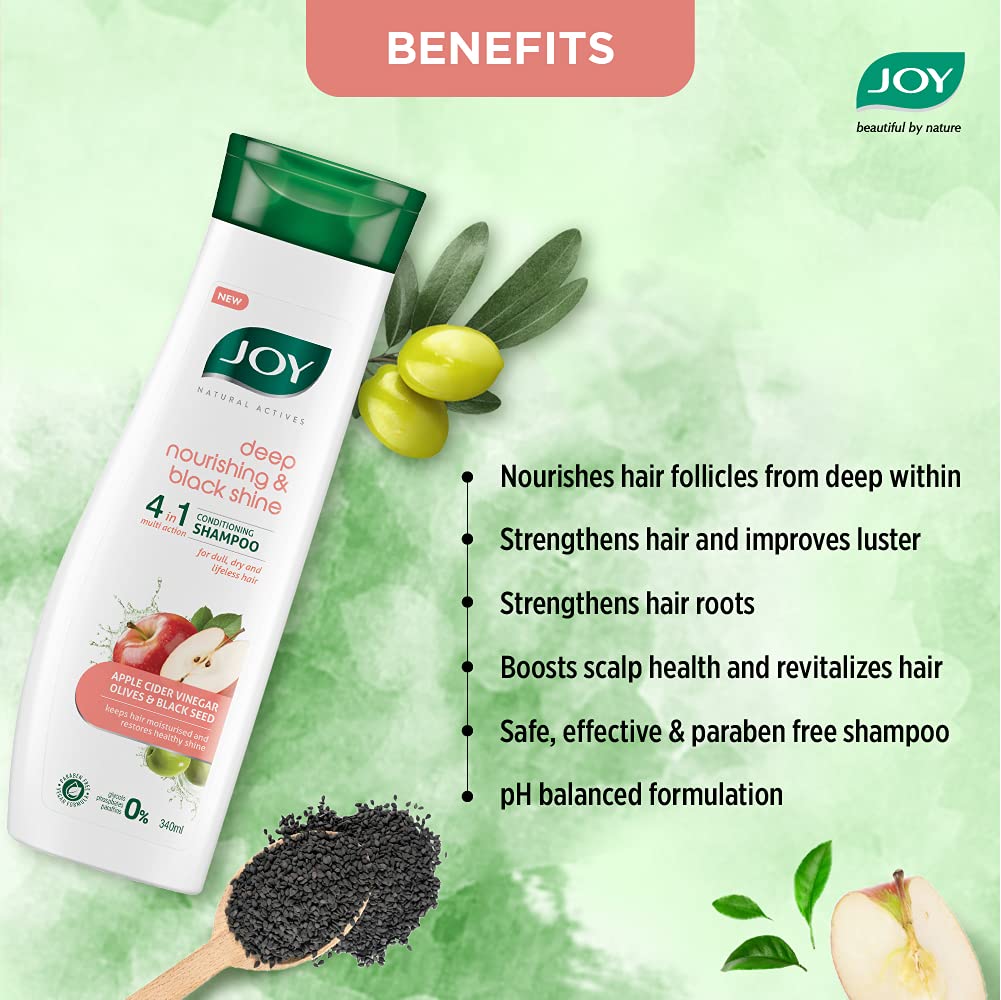 Joy Natural Actives 4 in 1 Deep Nourishing & Black Shine Conditioning Shampoo Apple Cider Vinegar for Dull Hair 2x340ml