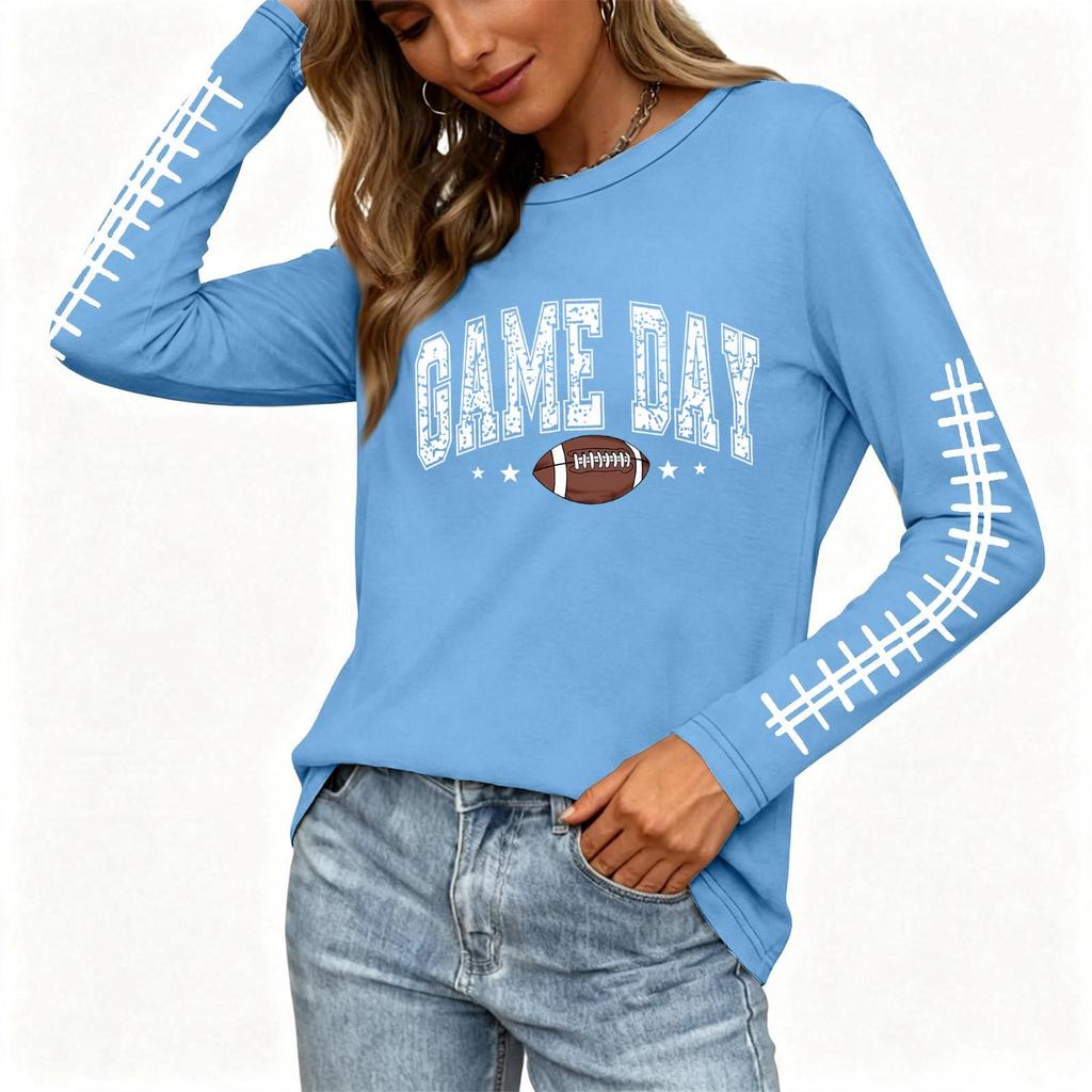 Women's Casual Long Sleeve Neck Top with Rugby Print and Side Slit for Everyday Wear