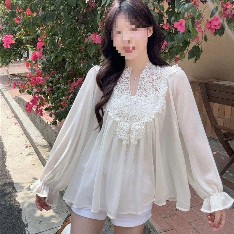 Hollow Lace V-neck Doll Shirt & Camisole Set: Women s Spring 2026 Fashion Large