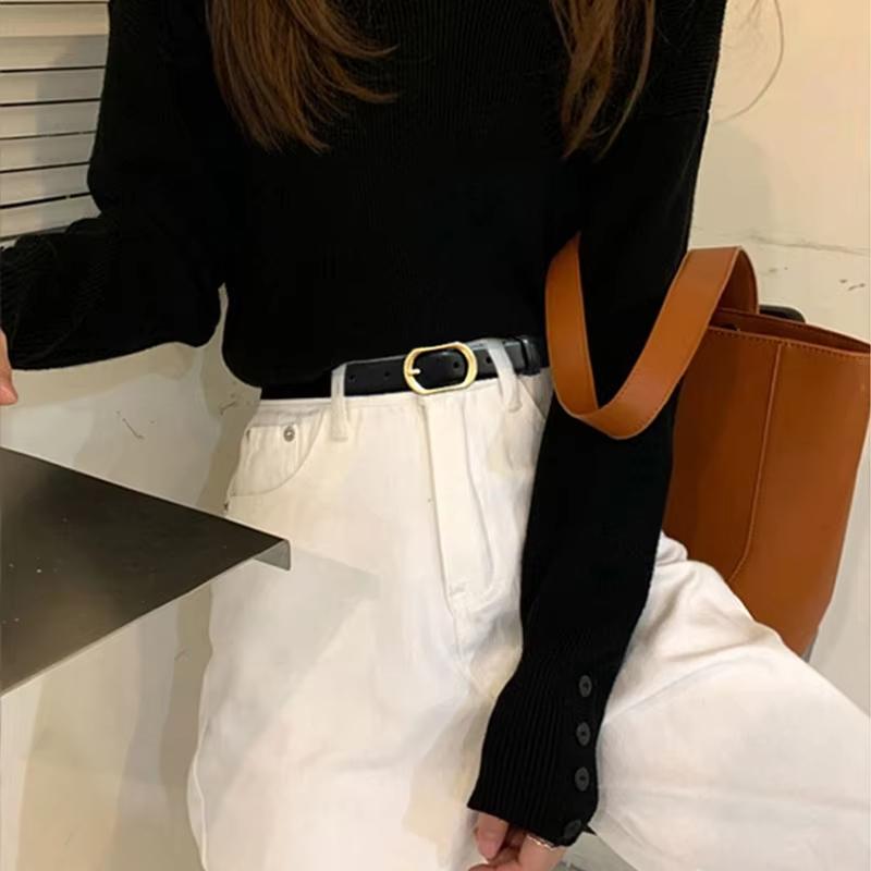 Women Metal Oval Pin Buckle Belt Fashion PU Leather Long Thin Adjustable Waistband Chic Jeans Pants Decorative Girdle Strap