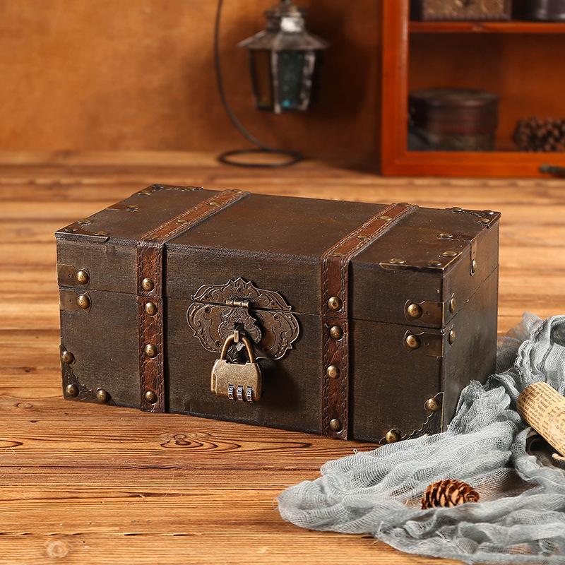 Vintage Wooden Treasure Chest with Combination Lock for Props & Document Storage