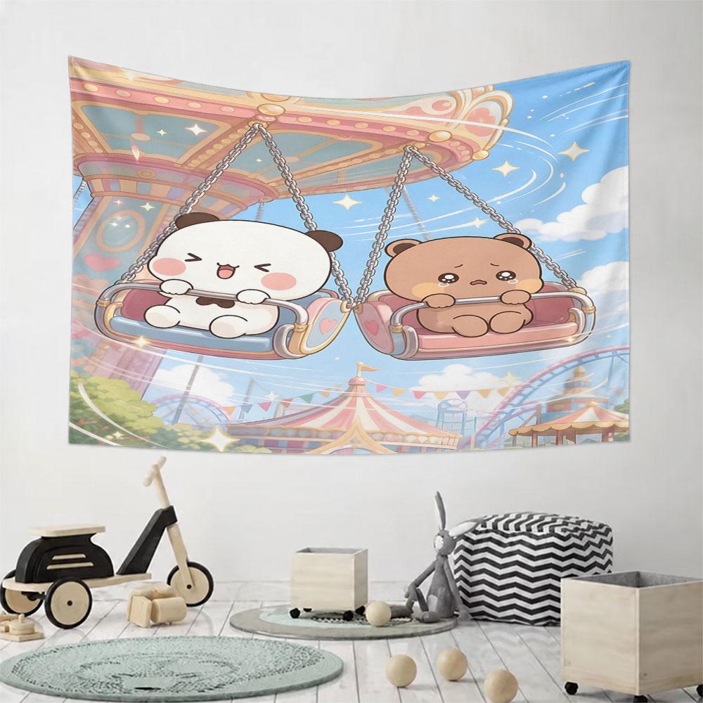Cute Panda and Bear on Carousel Swing Pattern Wall Hanging Tapestry Decorative Tapestry Home Decor for Bedroom and Living Room