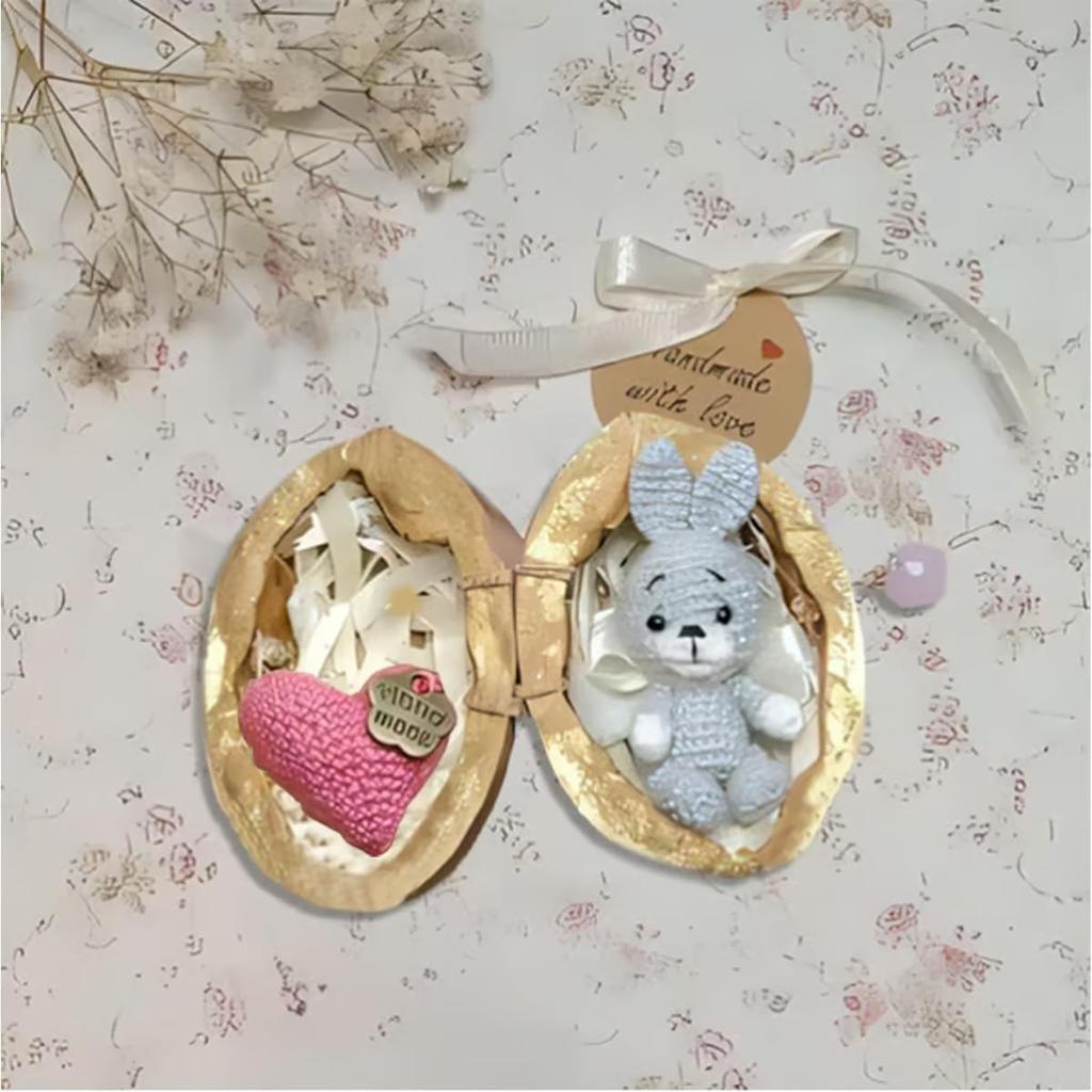 Handmade Crochet Animal In Walnut Shell,2025 New Mini Crochet Bunny and Bear with Knitted Love Heart,Emotional Support Handwoven Gift for Animal