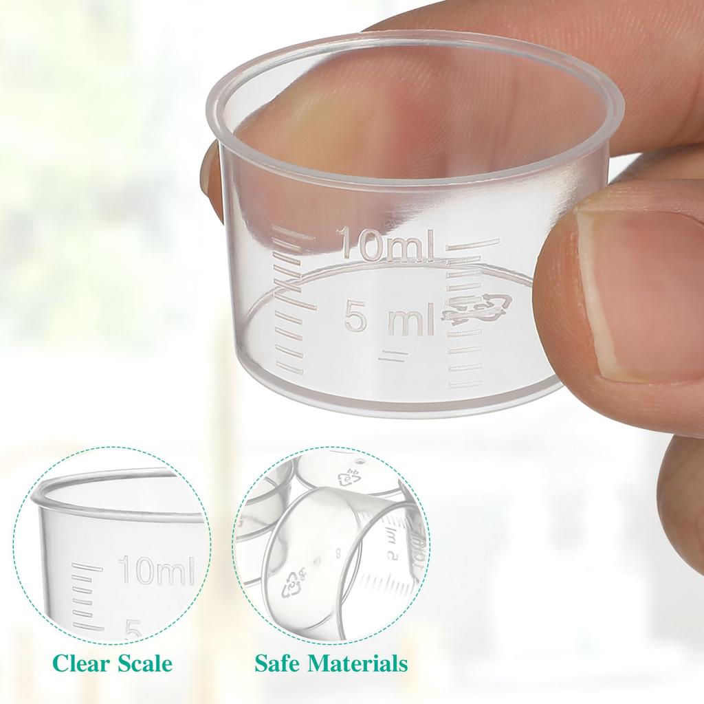 Kichvoe 100pcs Plastic Liquid Measuring Cups: 10ml Graduated Beakers, Clear, with Scale, for Kitchen and Laboratory Use