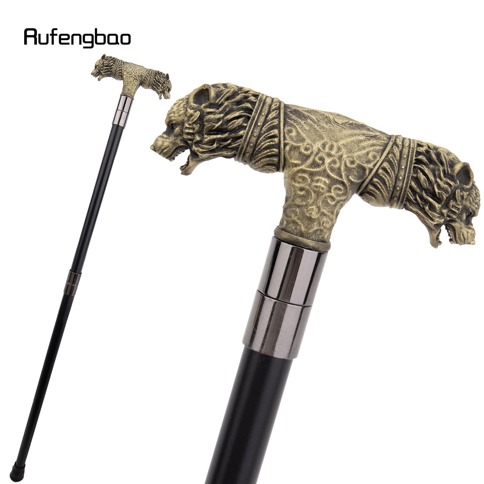 

Yellow Resin Wolf Double Head Walking Cane Fashion Decorative Steel Stick Gentleman Elegant Cosplay Cane Knob Crosier 92cm