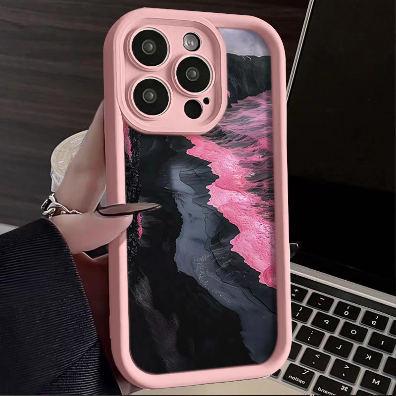 Rosa Meereswellen-Silikonhülle für iPhone 13/14/15/16 Pro Max - Vollständige Abdeckung und 17-Tage-Augenschutz