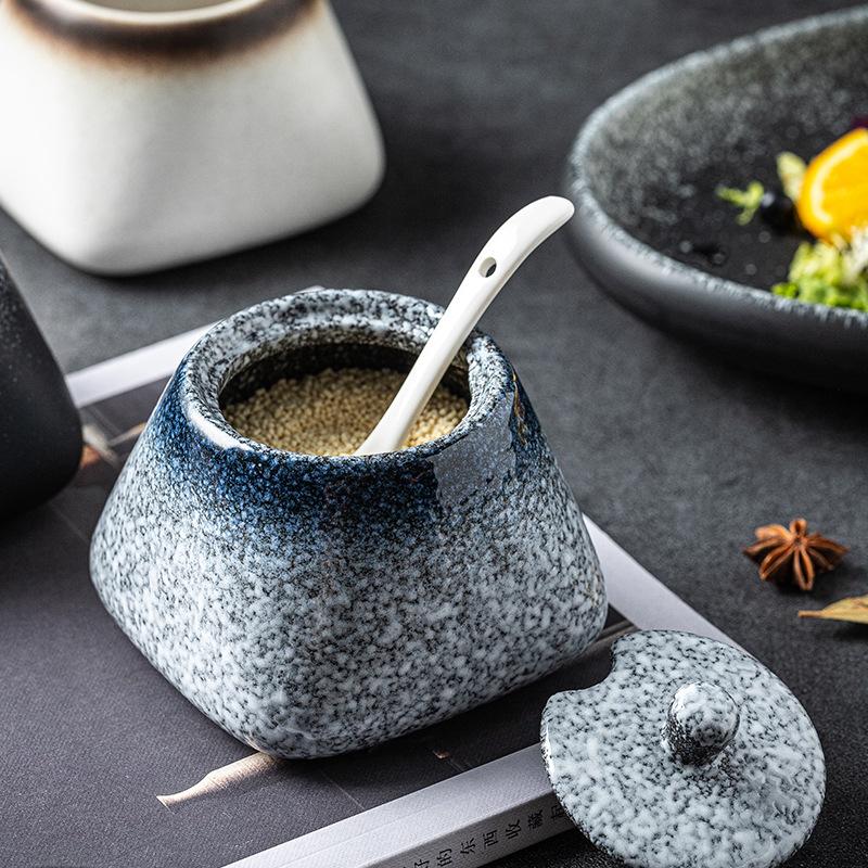 Japanese-style Ceramic Seasoning Jar Set Hotel Restaurant with Lid Seasoning Jars Household Kitchen Seasoning Bottles and Spoons
