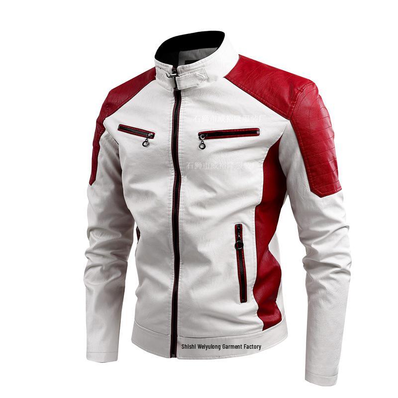 Męska Retro Patchworkowa Skórzana Kurtka Biker, Stójka, Ciepła, Jesień/Zima Casualowa Moda