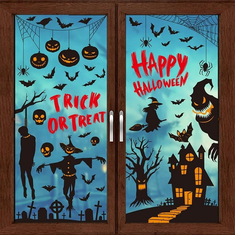 Halloween statisch haftende Fensteraufkleber Set Kürbis Geist Fledermaus Spukhaus Deko Wiederverwendbar Heimparty für Feiertag Glasdeko