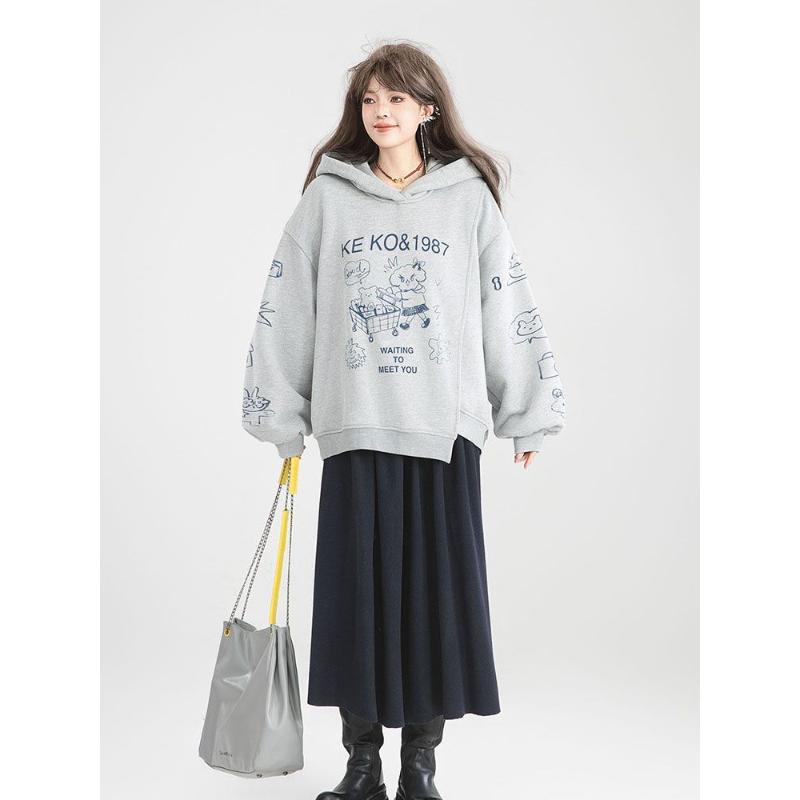 Double Layer Hat 2025 Spring Autumn Winter Graffiti Print Gray Sweatshirt Women's New Design Loose Top Hooded Jacket