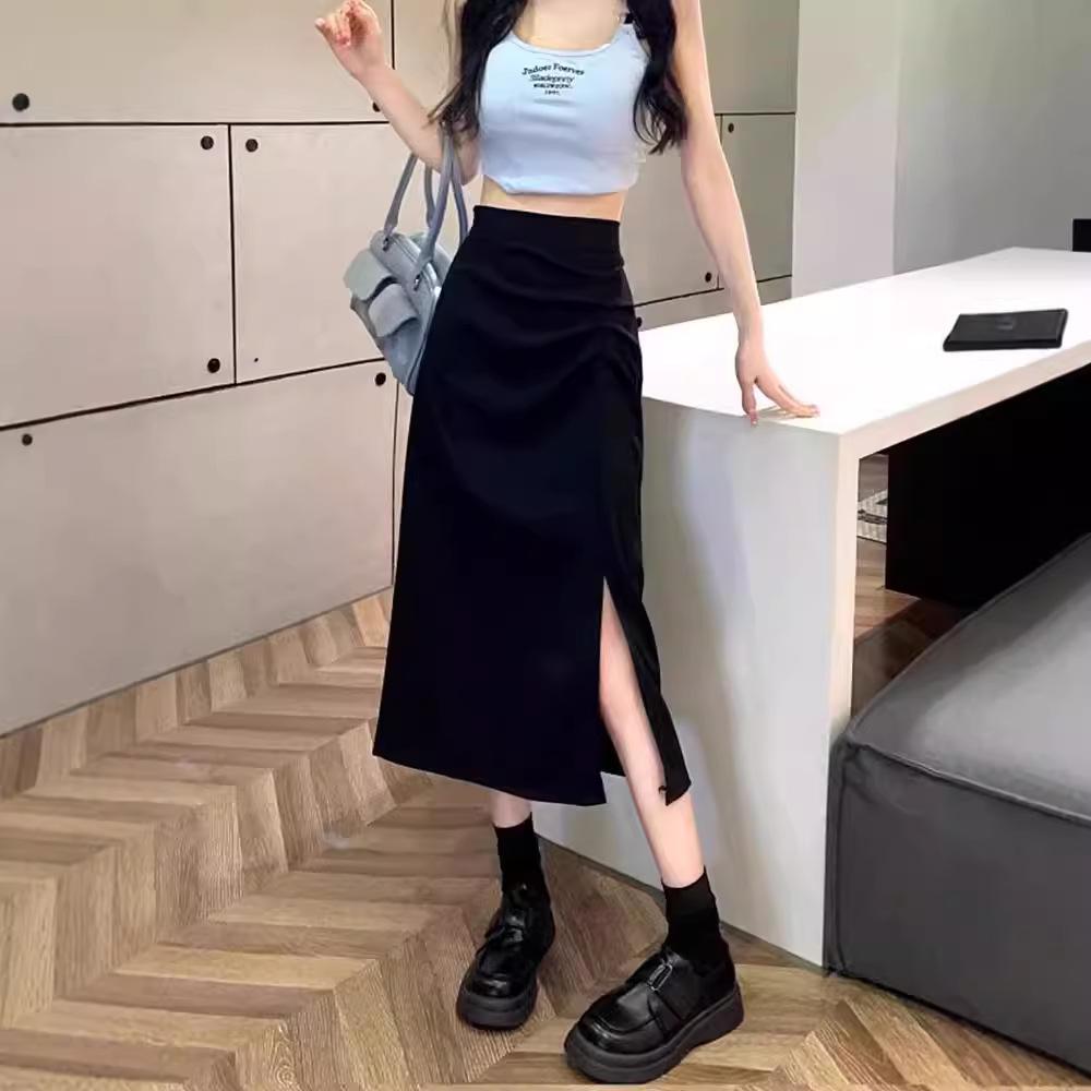 2024 Spring High-Waist Korean Style Slim Midi Skirt with Slit for Women
