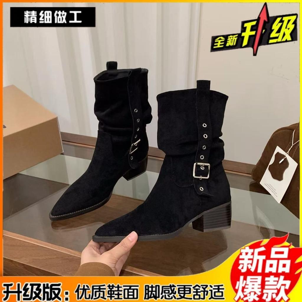 High Heel Pointed Skinny Suede Martin Boots Women's Boots 2026 Autumn/Winter Western Cowboy Medium Boots Pile Boots Short Boots