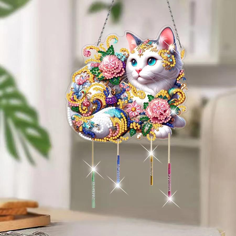 DIY Acrylic Cat Flower Diamond Painting Irregular Pendant Special Shape Drill Diamond Painting Hanging Home Ornament Wind Chime