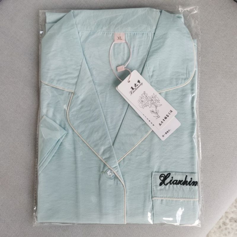 

Mercerized Cotton Pajamas Women s Summer Short Sleeve Trousers Homewear Summer Thin Cotton Cardigan Two-Piece Suit Sky Blue XL
