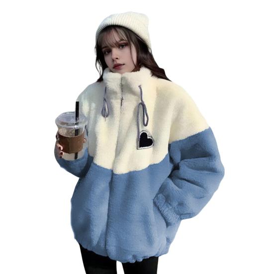 

Женское зимнее пальто из плотного флиса с цветными блоками, в стиле пэчворк, воротник-стойка, защита шеи, застежка-молния на шнурок, длинные рукава, утепленная верхняя одежда для школы XL синий