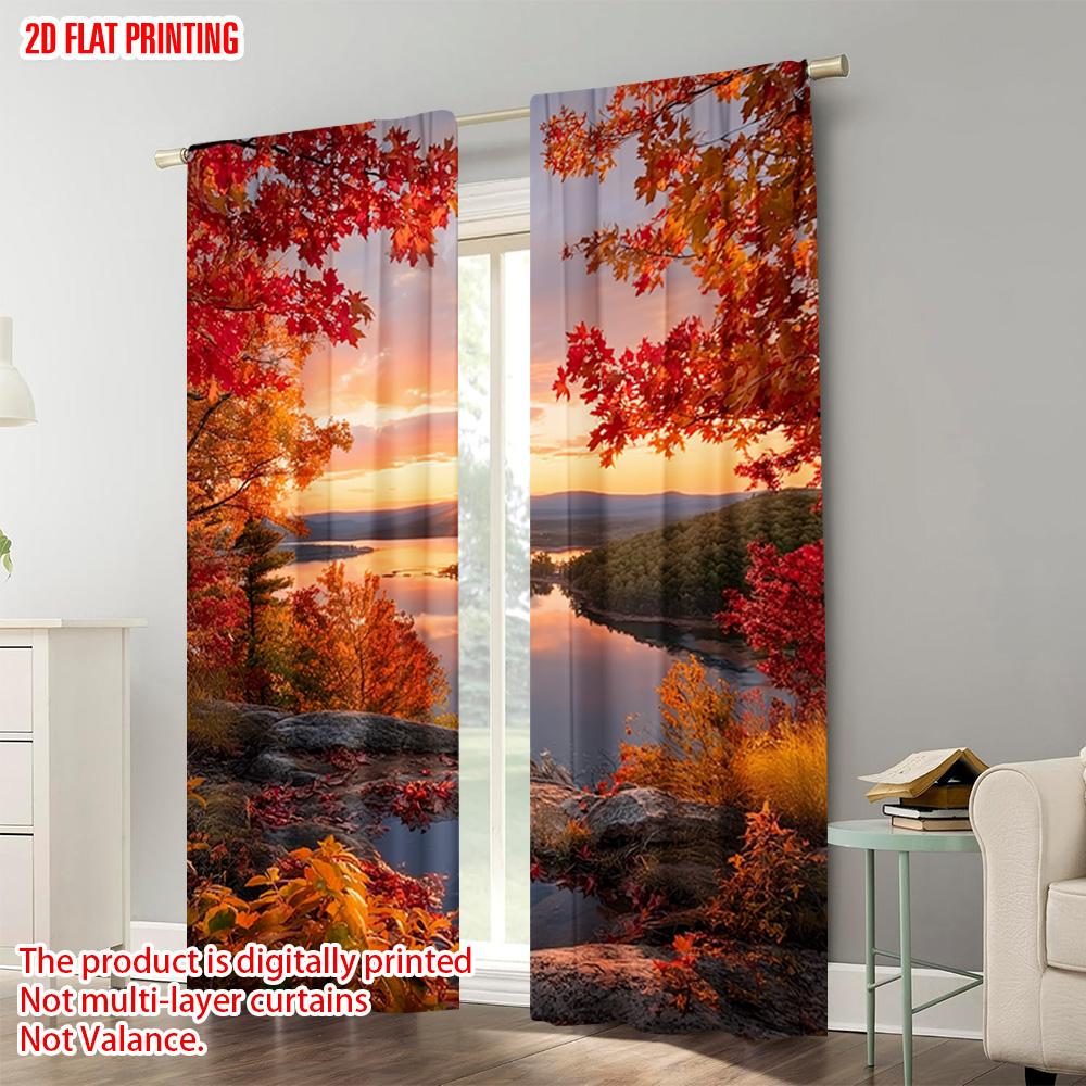 Plane Printing Curtains Digital Printed Autumn Sunset Maple Leaf Durable Polyester Fabric Without Rod Versatile Set Of 2 Made