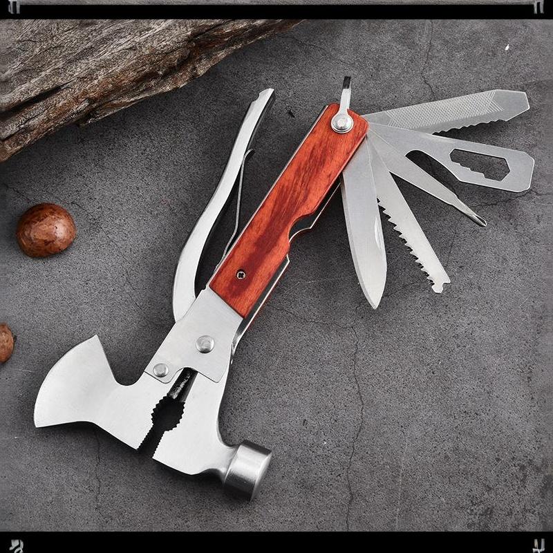 Multifunctional Outdoor Survival Hammer Stainless Steel Wooden Handle Perfect Gift for Men Car Emergency Camping Use