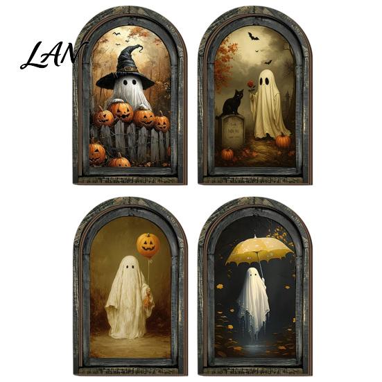 Decorative Halloween Desktop Accents Arched Wooden Wall Hanging Plaque, Double-Layer Distressed Ghost Cat Ornament, Rustic Tabletop Signs Gothic
