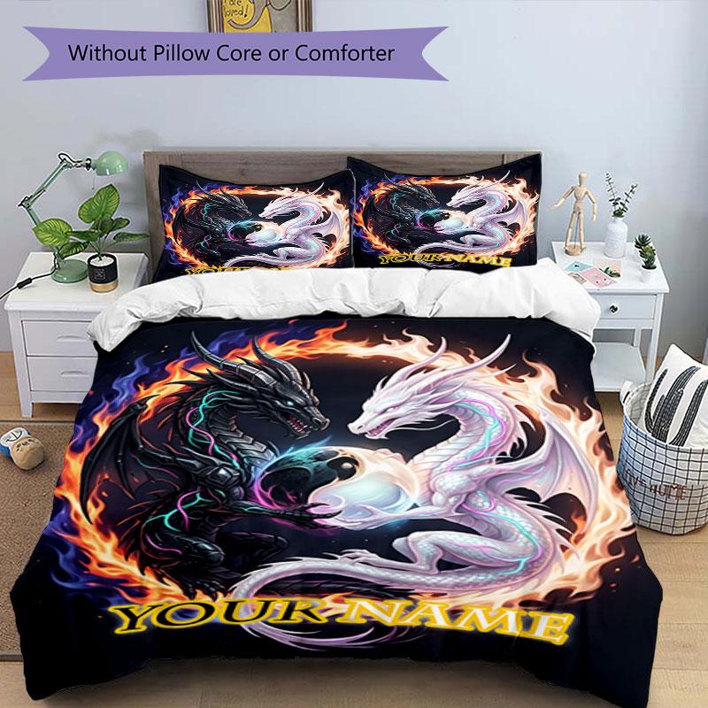 3PC Custom Name Dragon Yin Yang Flame Bedding,soft and breathable,2D Flat Print,room decor.,Poster Three-piece set,Soccer Three-piece set,Art,Poster,S
