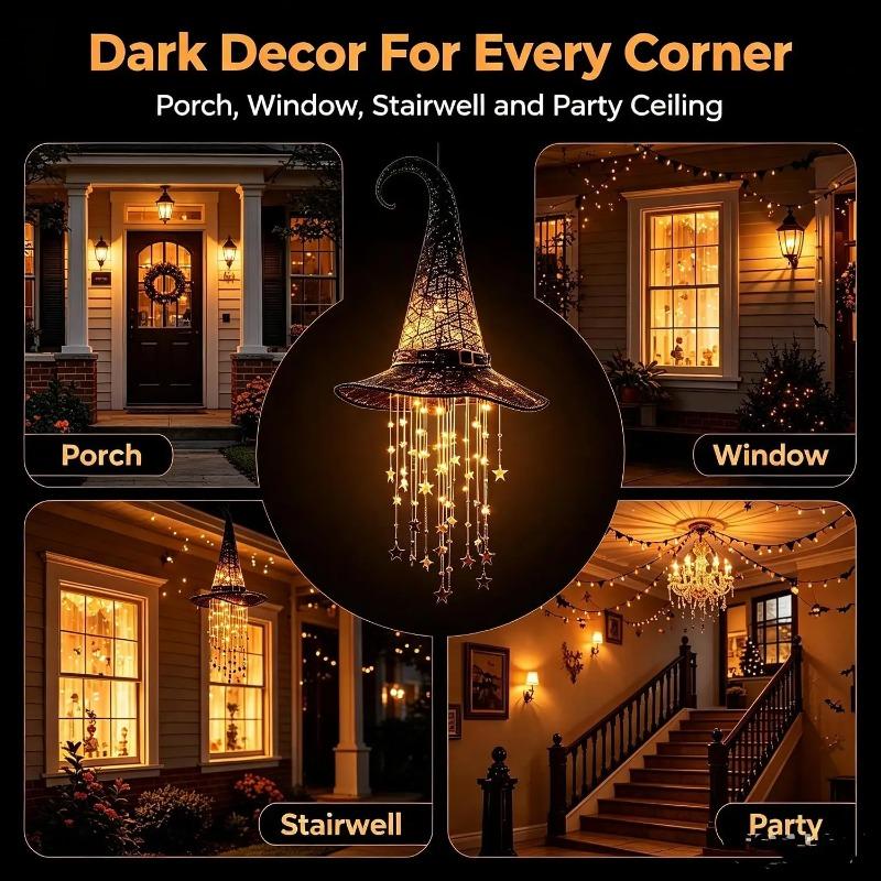Lighted Witch Hat Hanging Chime, Halloween Outdoor Ornament, Glowing Mesh Cascading Stars, Black Frame Decoration, Party Decor