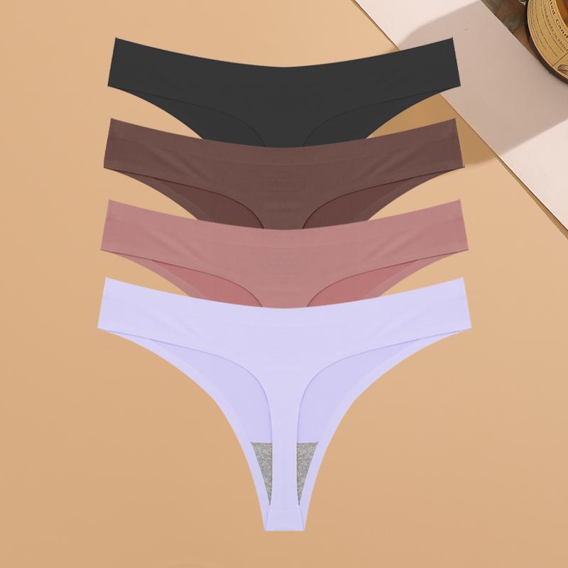 4PCS Ultra-thin Seamless Underwear Women's Invisible Panties Sexy Ice Silk Thongs Low Waist Breathable Bikini Stretchy Lingerie