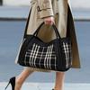 Women's Canvas and Genuine Leather Tote Bag Plaid Design Top Grain Cowhide Shoulder Handbag for Everyday Use Black and White