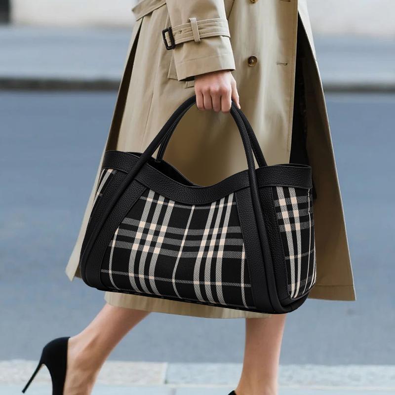 Women's Canvas and Genuine Leather Tote Bag Plaid Design Top Grain Cowhide Shoulder Handbag for Everyday Use Black and White