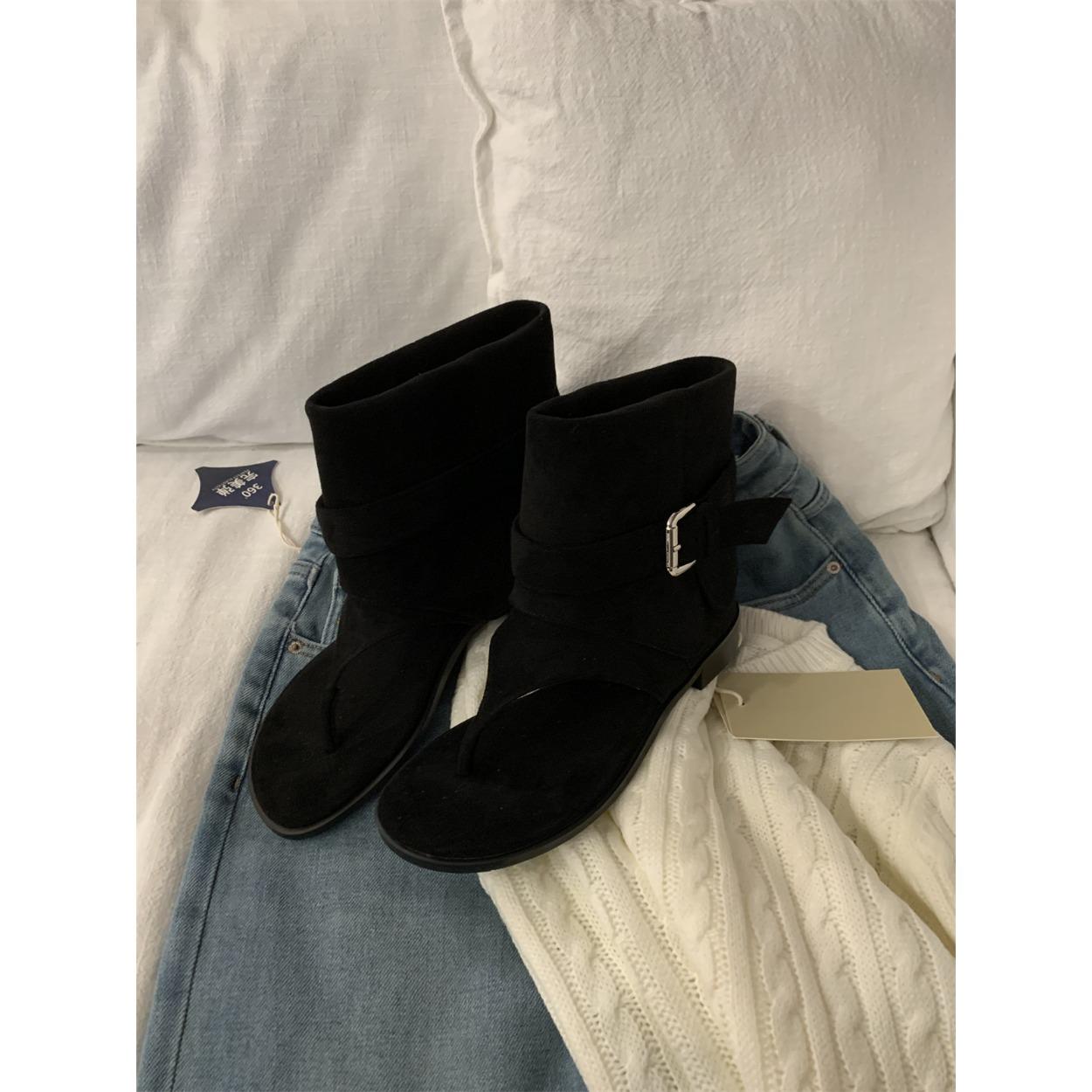 

French Roman casual toe sandals women s summer new soft leather fashion belt buckle flat bottom hollow cool boots 35