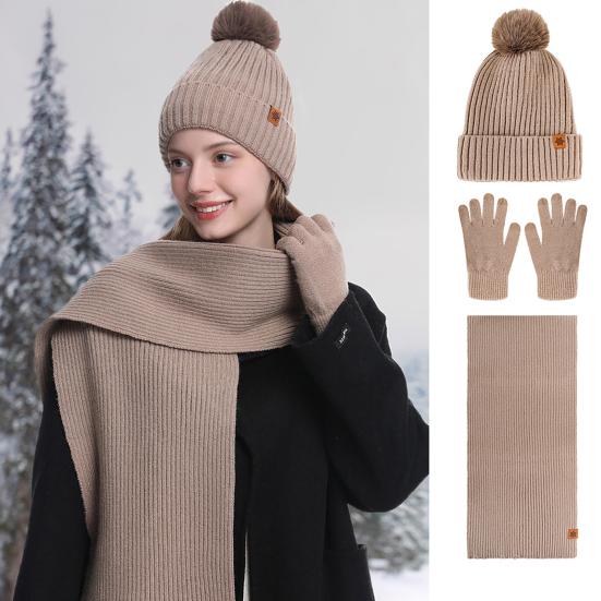 3Pcs/Set Winter Knitted Scarf Gloves Set Pom Pom Ball Double Layer Thickened Brimless Hat Touchscreen Gloves Neck Warmer Set