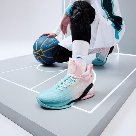 Anta Kinder KT7 Stickstofftechnologie Professionelle Rutschfeste Verschleißfeste Stützende High-Top Basketballschuhe Kinder Basketballschuhe Blau Rosa 312221130-3