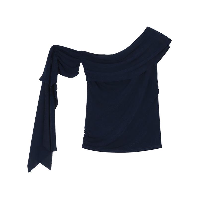 

Шикарный асимметричный топ с открытым плечом и приталенным силуэтом - Женский стройнящий весенний дизайн Medium темно-синий
