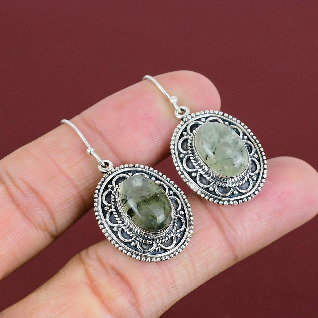 Moss Prehnite Earring Vintage Earrings Genuine Gemstone Earring 925 Sterling Silver Earring Unique Jewelry Handmade Earrings Gifts For Wife