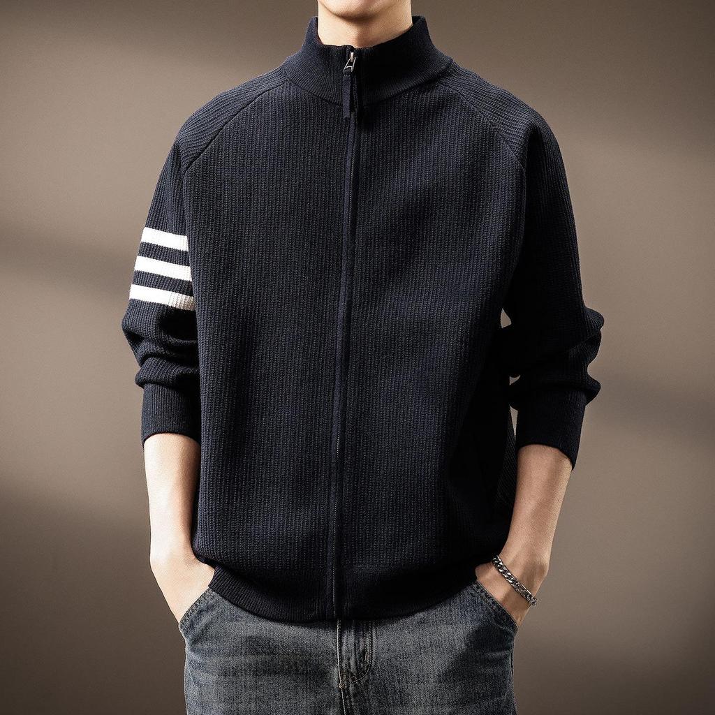 High-End American Trendy Men's 2025 Autumn/Winter Three-Stripe Knit Stand Collar Cardigan Sweater