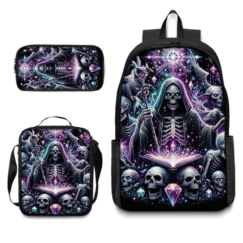 Skull Student Backpack Set Fashion Double Shoulder Bag Crossbody Bag Pencil Case Trendy Accessories Multifunctional School Bag