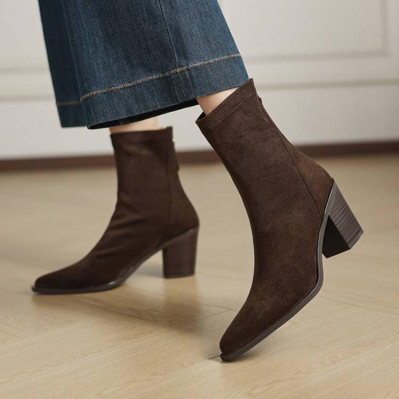 New Rubber Sole Versatile Thin Boots Solid Color High Heel Pointed Large Size Women's Boots Autumn and Winter Square Heel Cowhide Medium Boots