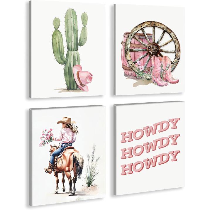 Western Cowgirl Canvas Wall Art, Watercolor Pink Cowboy Hat Cactus Desert Wall Art Prints for Cowgirl Nursery Kids Room Girls Room Dorm Decor Set of