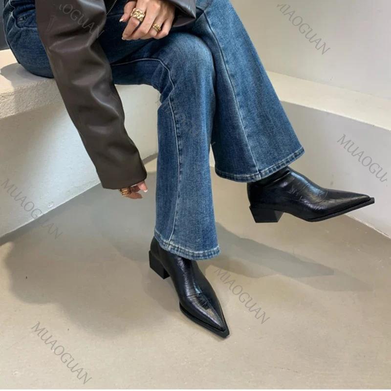 Pointed Toe Women Ankle Boots Fashion Thick Heel Slimming Short Booties Vintage Soft Leather Ladies Shoes Street Style Footwears