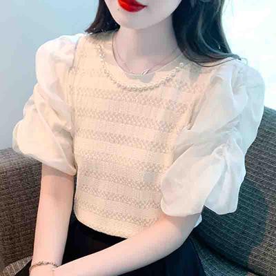 Fashion New 2024 Summer Short Sleeve Beading O-Neck Casual Chiffon Blouse Shirt Women Tops Blouses Shirts J407