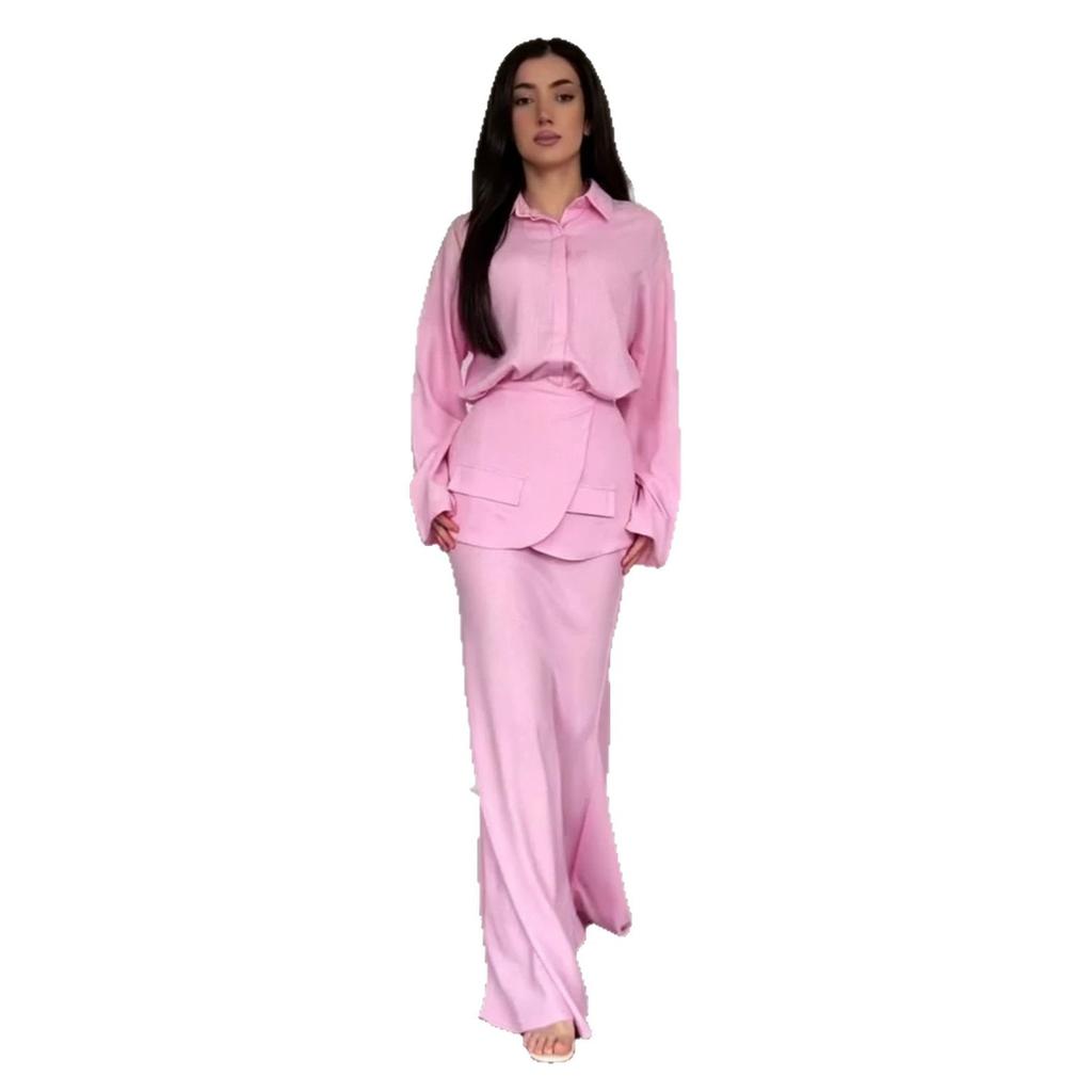 Autumn New European, American Amazon Cross-border V-neck Shirt Ruffle Edge Top Fishtail Skirt Set